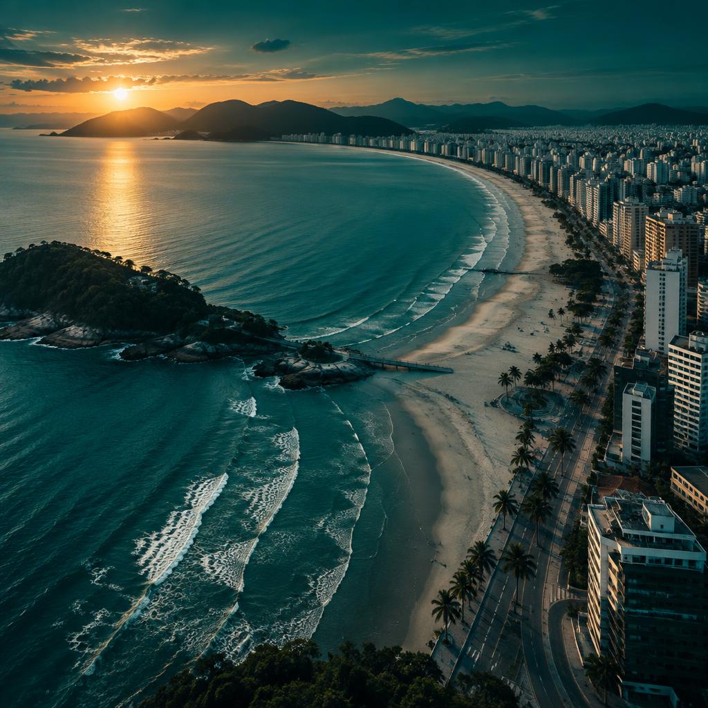 Vista aérea do litoral de Santos, São Paulo, ao entardecer