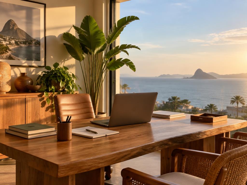 Escritório da corretora com vista para o mar
